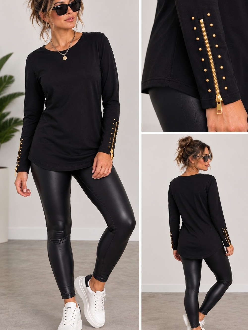 Carmen Marc Valvo Black Long Sleeve Tunic Top Gold Zip Stud Cuffs Size M